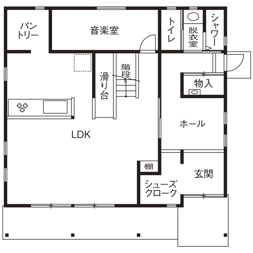 Inoue・Giken 井上技建 【家の真ん中にすべり台、子ども部屋にうんてい、防音音楽室】 5人の子どもがいっぱい遊べる【間取図掲載】の間取り図（5K以上）1階