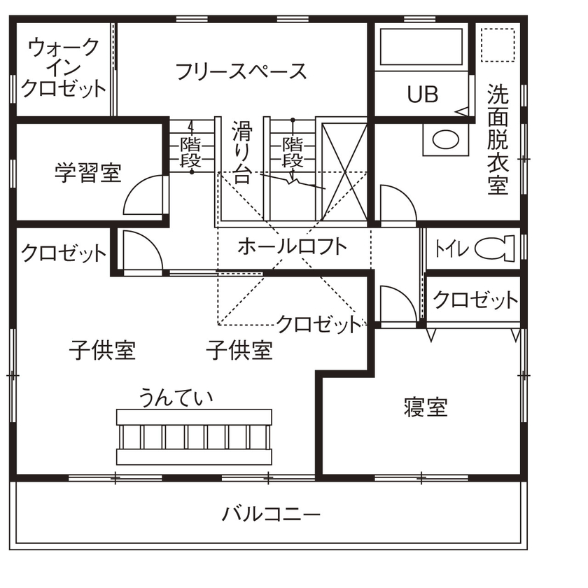 Inoue・Giken 井上技建 【家の真ん中にすべり台、子ども部屋にうんてい、防音音楽室】 5人の子どもがいっぱい遊べる【間取図掲載】の間取り図（5K以上）2階