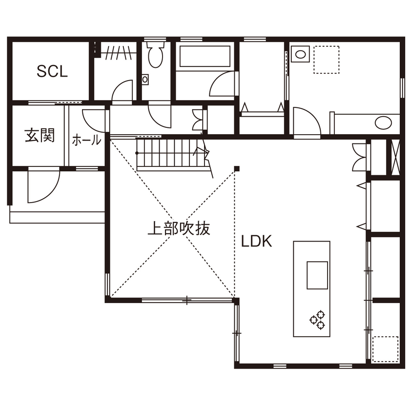 マルイチ 【滋賀県｜間取り有】吹き抜け＆アイランドキッチン、かゆいところに手が届くスタイリッシュで機能的な家の間取り図（3LDK＋書斎）1階