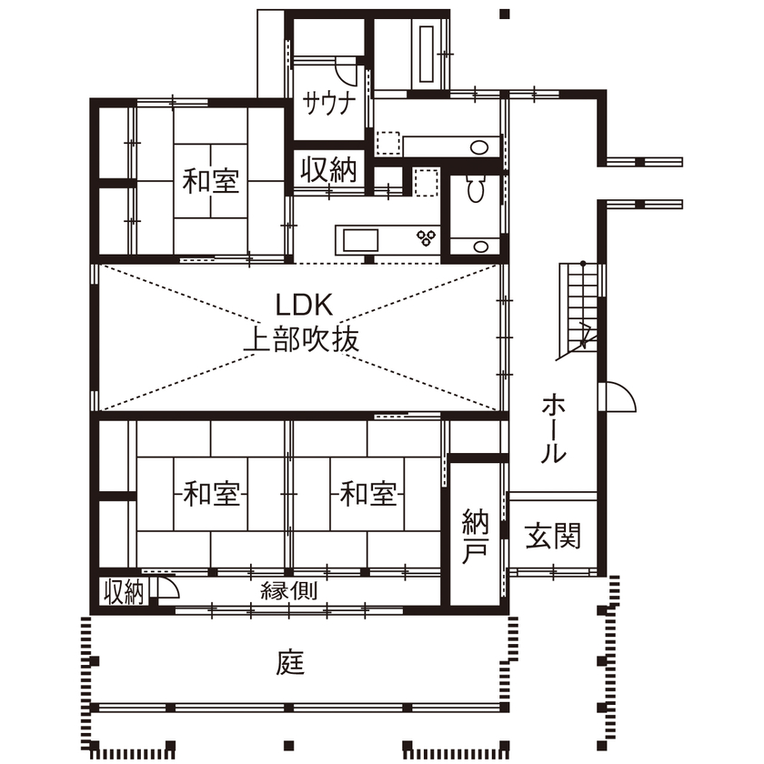 マルイチ 【滋賀県｜4000万円以上｜間取り有】素材の質感を大切に。大きな吹き抜けで繋がるモダンで美しい住まいの間取り図（7LDK）1階