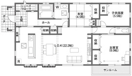 クレバリーホーム 【平屋】南欧テイストと雑貨店がテーマの全量買取型太陽光発電住宅の間取り図（3LDK）１階