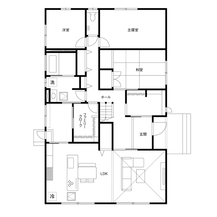 クレバリーホーム 今もこれから先も、ずっと快適に暮らせる“平屋のような2階建て”の間取り図（4LDK）1階