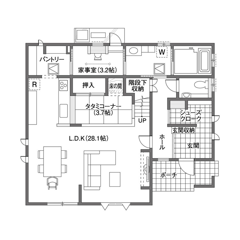クレバリーホーム 【2000万円～2499万円／回遊動線／間取図有】使い勝手と好きなデザインを両立した大満足のマイホームの間取り図（4LDK）1階