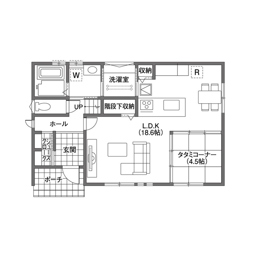 クレバリーホーム 【1500～1999万円／収納／家事ラク／間取図有】5人家族の笑顔を育む、団らんの白と癒しの黒の間取り図（4LDK）1階
