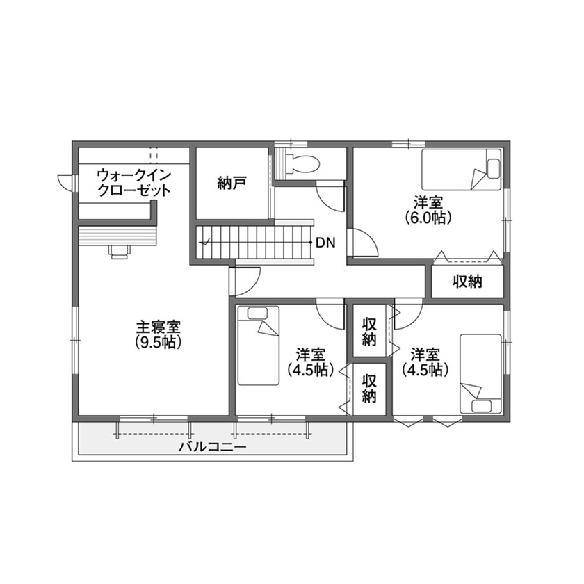 クレバリーホーム 【1500～1999万円／収納／家事ラク／間取図有】5人家族の笑顔を育む、団らんの白と癒しの黒の間取り図（4LDK）2階