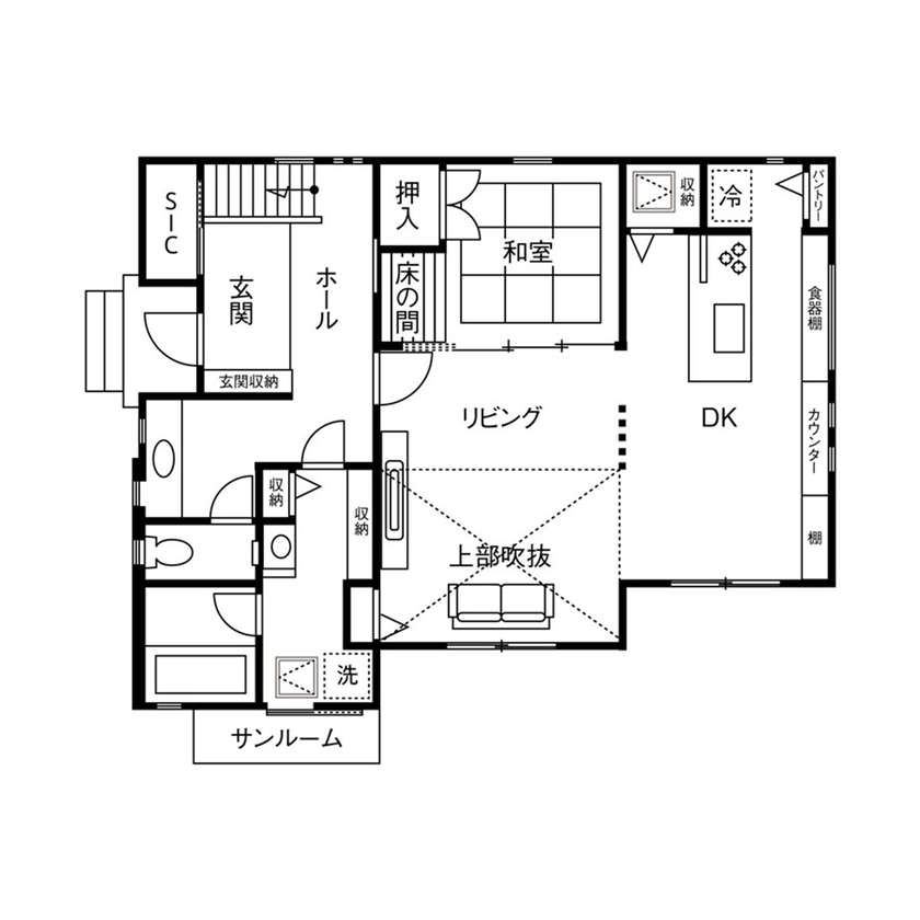 クレバリーホーム 【4000万円～／吹き抜け／間取図有】伸びやかな空間設計。デザイン性がもたらす上質な家族時間の間取り図（4LDK）1階