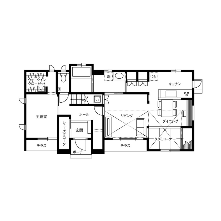 クレバリーホーム 【2000万円～2499万円／充実収納／家事がラク／間取図有】平屋の良さを採り入れた子育てしやすい2階建ての間取り図（3LDK）1階