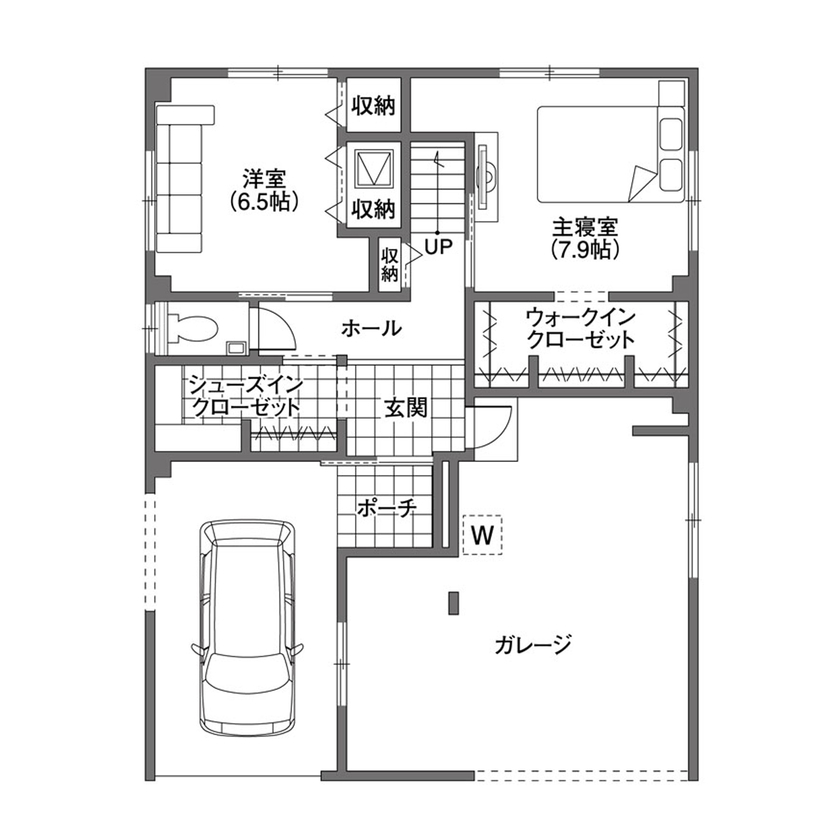 クレバリーホーム 【4000万円～4499万円／ガレージ／間取図有】「これぞ、大人の住処」。インナーガレージ＋2階リビングの家の間取り図（3LDK）1階