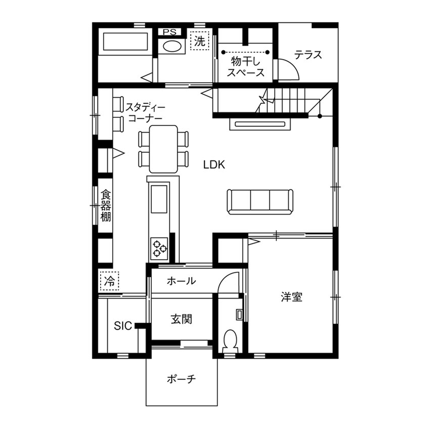 クレバリーホーム 【2500万円～2999万円／家事動線／収納充実／間取図有】共働き＆子育て世代が建てた、南欧テイストの住まいの間取り図（5K以上）1階