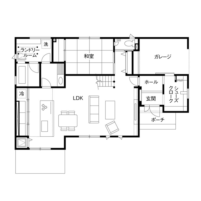 クレバリーホーム 【3000万円～3499万円／ガレージ／防音室／間取図有】家事の効率化で時短を実現！夫婦で趣味を楽しむ家の間取り図（4LDK）1階