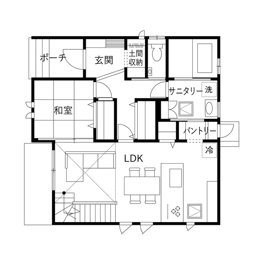 クレバリーホーム 【2000万円～2499万円／吹抜／家事動線／間取図有】家事の効率化で家族時間を増やし、お洒落な空間を楽しむの間取り図（4LDK）1階