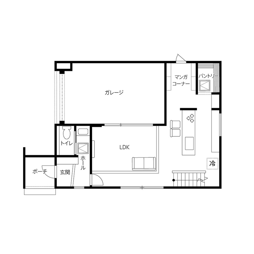 クレバリーホーム 【2500万円～2999万円／ビルトインガレージ／間取図】暮らしの中心に趣味を据え、家時間を楽しむ住まいの間取り図（2LDK）1階