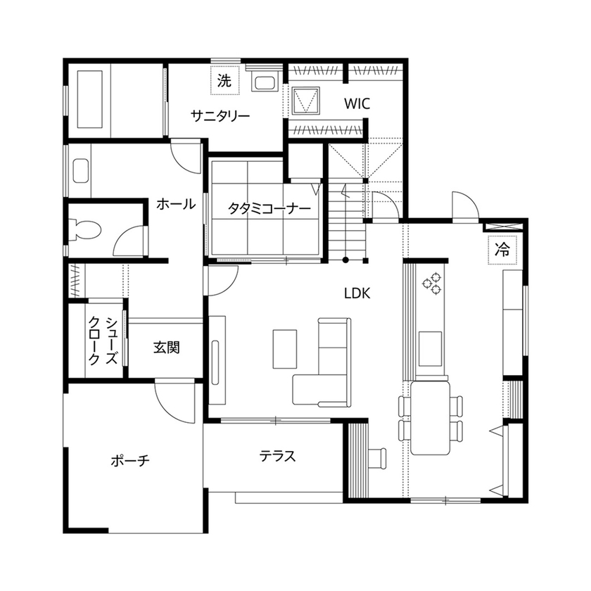 クレバリーホーム 【3000万円～3499万円／家事動線／収納充実／間取図有】子育てもデザインも楽しむ素敵なマイホームライフの間取り図（4LDK）1階