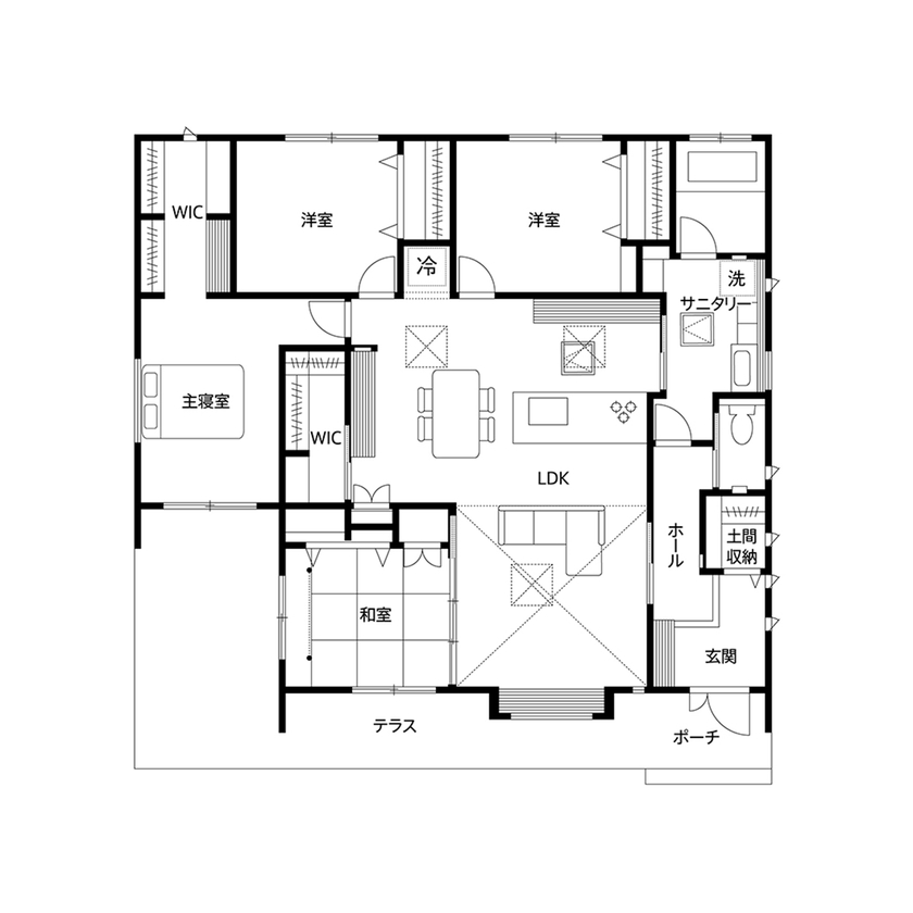 クレバリーホーム 【3000万円～3499万円／平屋／間取図有】趣味も家族のふれあいも楽しめるワンフロアで完結する平屋の暮らしの間取り図（4LDK）1階
