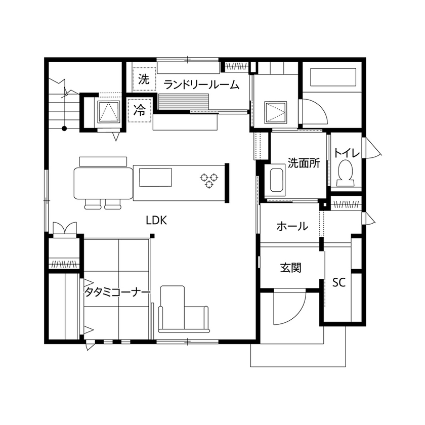 クレバリーホーム 【2500万円～2999万円／家事子育て動線／間取図有】キッチンを中心にした回遊動線で家族がのびのび暮らす家の間取り図（4LDK＋タタミコーナー）1階