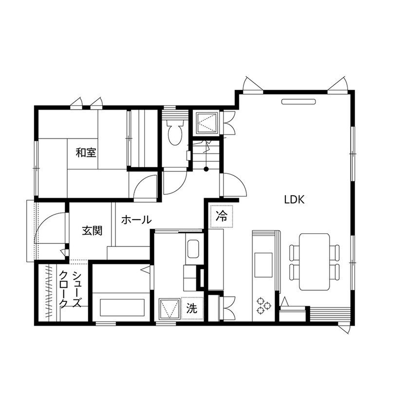 クレバリーホーム 【2500万円～2999万円／吹抜けリビング／間取図有】大きな窓から四季を伝える借景が暮らしに彩りを添える家の間取り図（4LDK＋小屋裏）1階