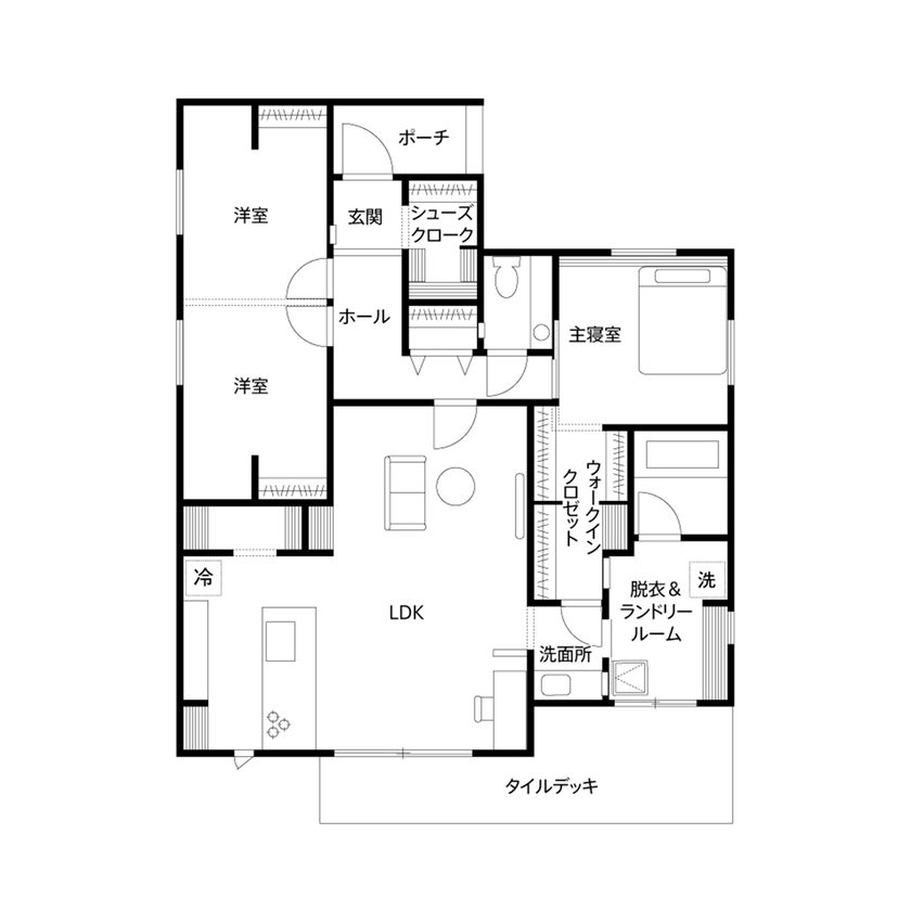 クレバリーホーム 【2000万円～2499万円／平屋／間取図有】勾配天井で開放感たっぷり。生活&収納動線に工夫が光る、快適な家の間取り図（3LDK）1階