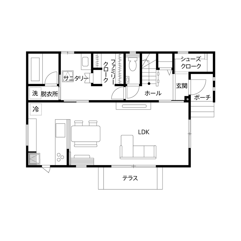 クレバリーホーム 【2000万円～2499万円／家事動線／間取図有】カフェ風キッチンから家族を見守る、ナチュラルテイストの空間の間取り図（3LDK＋納戸）1階