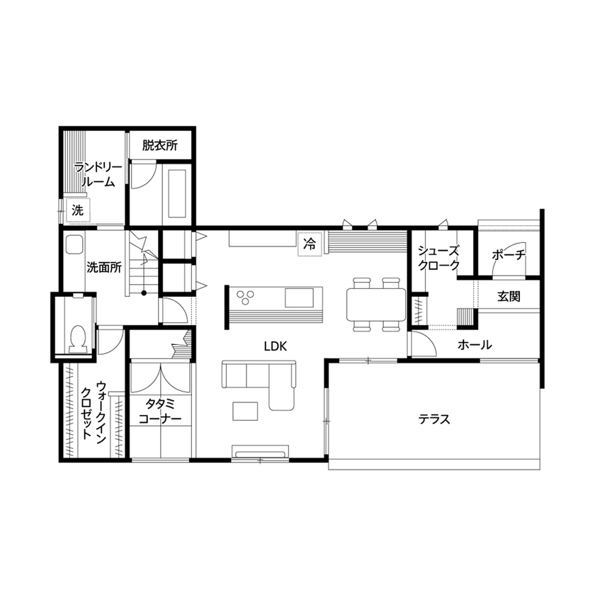 クレバリーホーム 【3000万円～3499万円／アウトドアリビング／間取図有】外壁・テラス・内装とタイルがお洒落に彩る上質な家の間取り図（3LDK＋タタミコーナー）1階