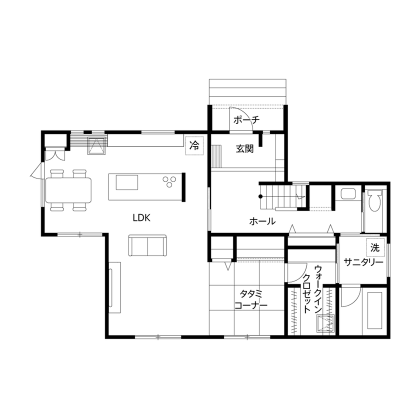 クレバリーホーム 【2500万円～2999万円／回遊動線／間取図有】家事も子育てもしやすい工夫が光る。家族の笑顔があふれる家の間取り図（3LDK＋タタミコーナー）1階