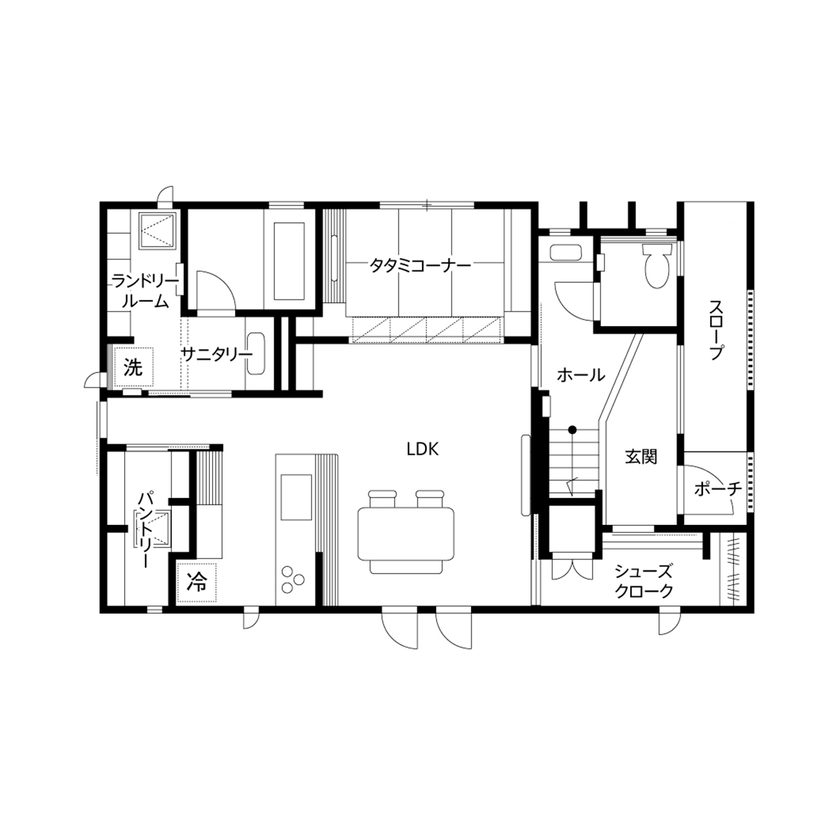 クレバリーホーム 【4000万円～／家事動線／間取図有】建築のプロが選んだ外壁総タイル貼り＆断熱性能。ゆとりと寛ぎ溢れる家の間取り図（3LDK＋タタミコーナー）1階