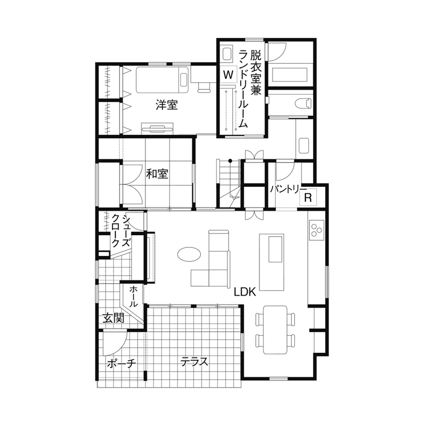 クレバリーホーム 【4000万円～／中2階／テラス／間取図】家族が心地よい距離感でくつろげる、完全同居型の二世帯住宅の間取り図（5LDK＋中2階）1階