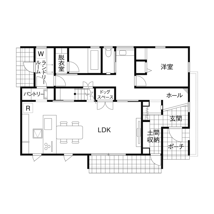 クレバリーホーム 【3500万円～3999万円／吹抜け／ペット／間取図】タイルならではの白が美しい。愛犬と暮らす高断熱の家の間取り図（4LDK＋書斎）1階