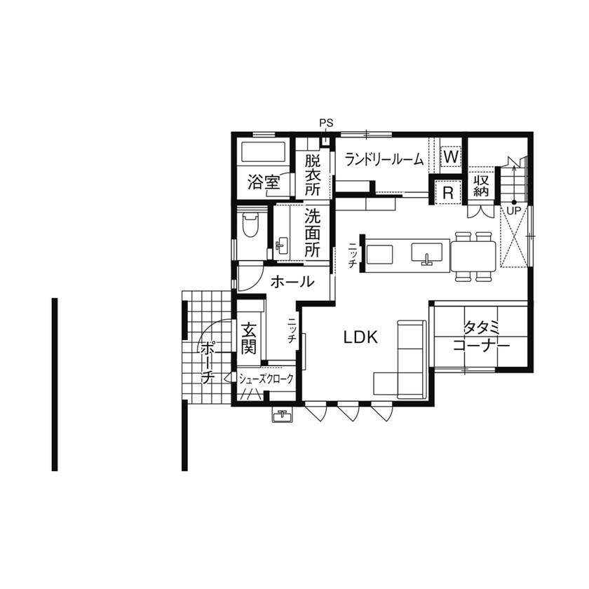 クレバリーホーム 【3000万円～3499万円／ガレージ／間取図】四季の景色が心を豊かに。自然を身近に感じ、家族時間を楽しむ家の間取り図（4LDK＋タタミコーナー）1階