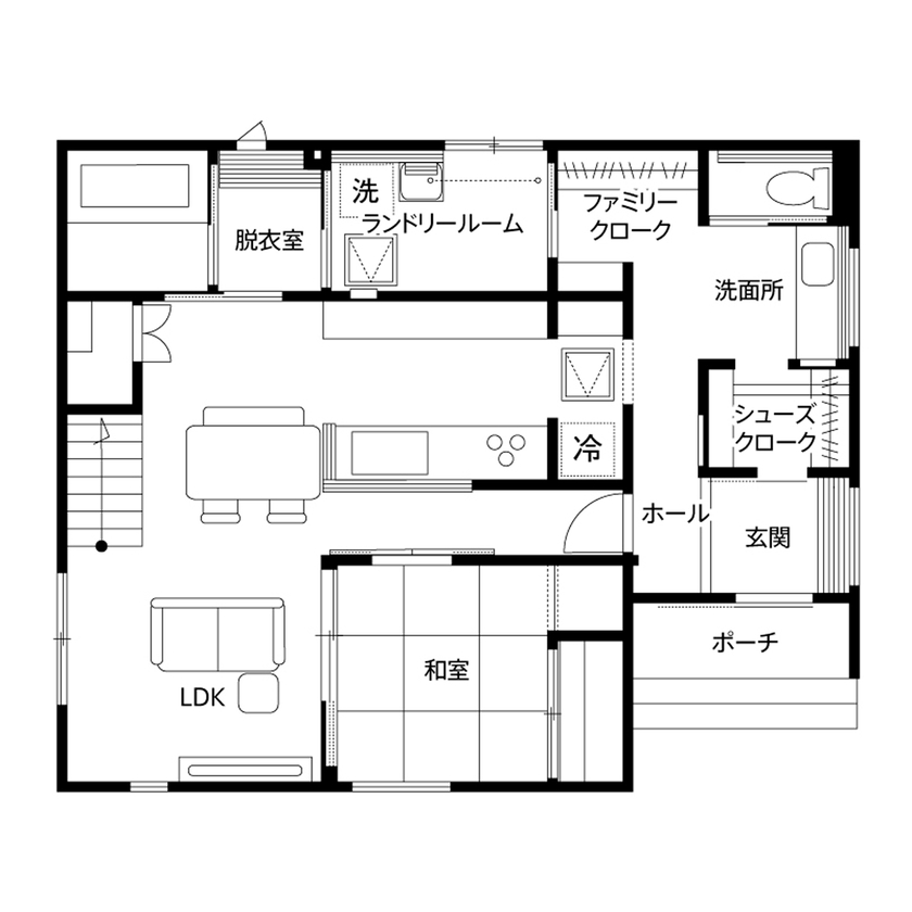 クレバリーホーム 【2500万円～2999万円／吹抜け／家事動線／間取図】ストレスフリーな暮らしを叶えたカフェライクな住まいの間取り図（4LDK）1階