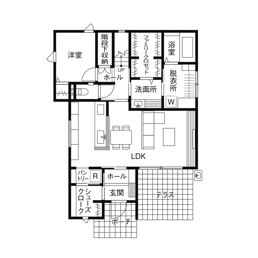 クレバリーホーム 【3000万円～3499万円／家事動線／間取図】美しさが続くタイル外壁で、メンテナンスのコスト＆手間をカットの間取り図（5LDK＋テラス）1階