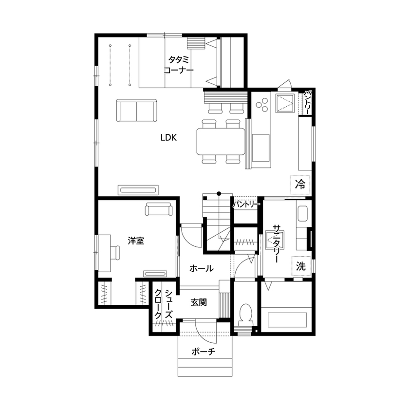 クレバリーホーム 【2000万円～2499万円／家事子育て動線／間取図】家族団らんもプライベートも充実。完全同居型の二世帯住宅の間取り図（5LDK＋サンルーム）1階