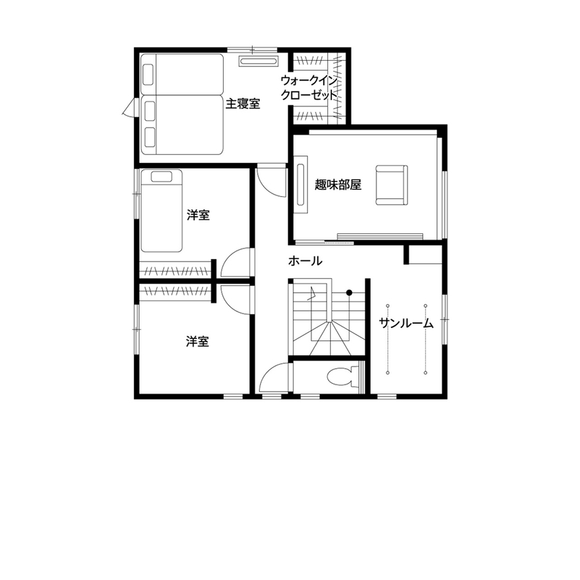 クレバリーホーム 【2000万円～2499万円／家事子育て動線／間取図】家族団らんもプライベートも充実。完全同居型の二世帯住宅の間取り図（5LDK＋サンルーム）2階