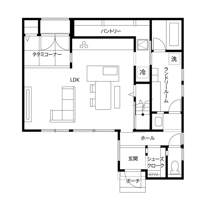 クレバリーホーム 【3000万円～3499万円／太陽光発電／間取図】住んでからかかるコストを低減。外壁タイルの高性能住宅の間取り図（3LDK＋タタミコーナー）1階