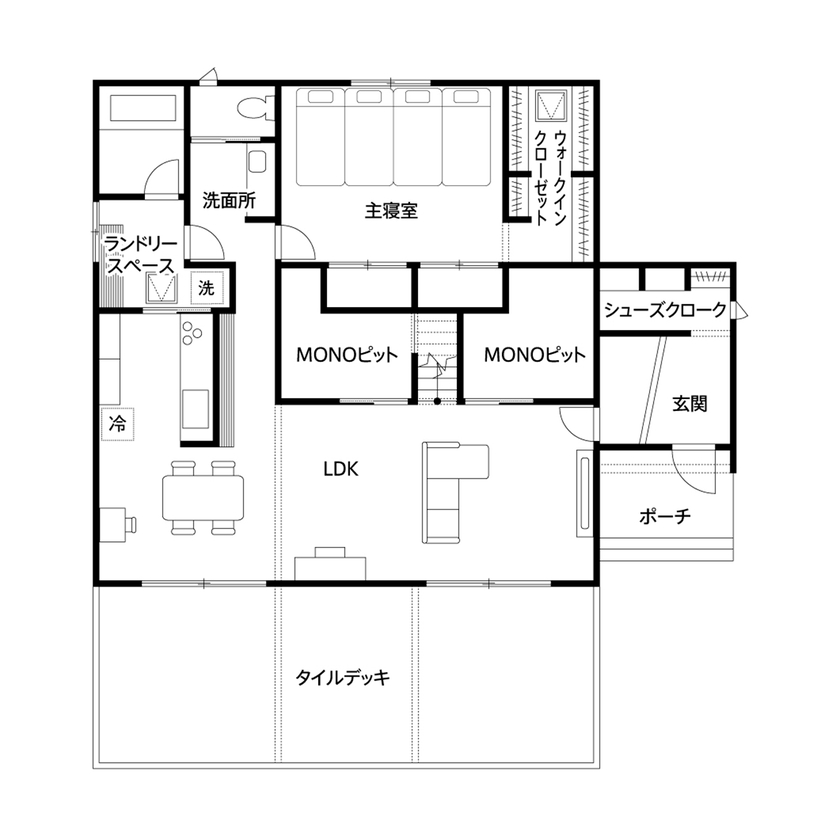 クレバリーホーム 【3000万円～3499万円／スキップフロア／間取図】外に閉じ、内に開く。カーテン不要なストレスフリーの平屋の間取り図（1LDK＋ロフト）1階