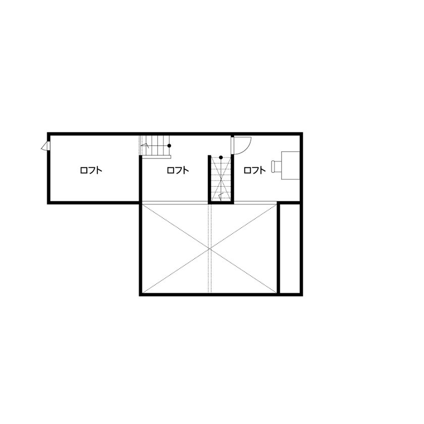 クレバリーホーム 【3000万円～3499万円／スキップフロア／間取図】外に閉じ、内に開く。カーテン不要なストレスフリーの平屋の間取り図（1LDK＋ロフト）ロフト
