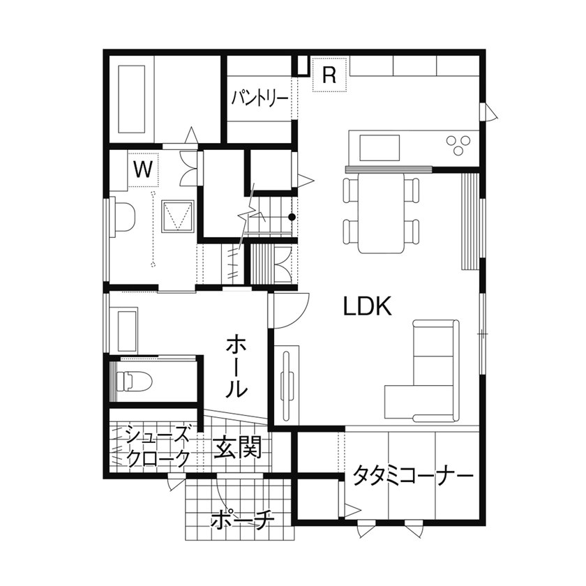 クレバリーホーム 【2500万円～2999万円／家事動線／間取図】グレージュのあたたかみあるリビングに家族の笑顔が集まる家の間取り図（3LDK＋タタミコーナー）1階