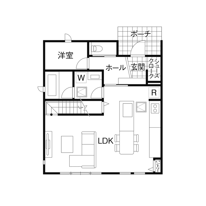 クレバリーホーム 【子育て／間取図】キッチンを中心に家族がつながる、ともに暮らしを楽しむ住まいの間取り図（4LDK＋ワークスペース）1階