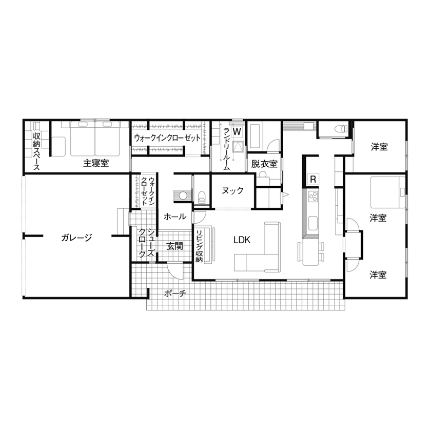 クレバリーホーム 【4000万円～／平屋／間取図】石目調の大判タイルが彩る風格ある佇まい。暮らしやすい平屋のガレージハウスの間取り図（3LDK＋ヌック）1階