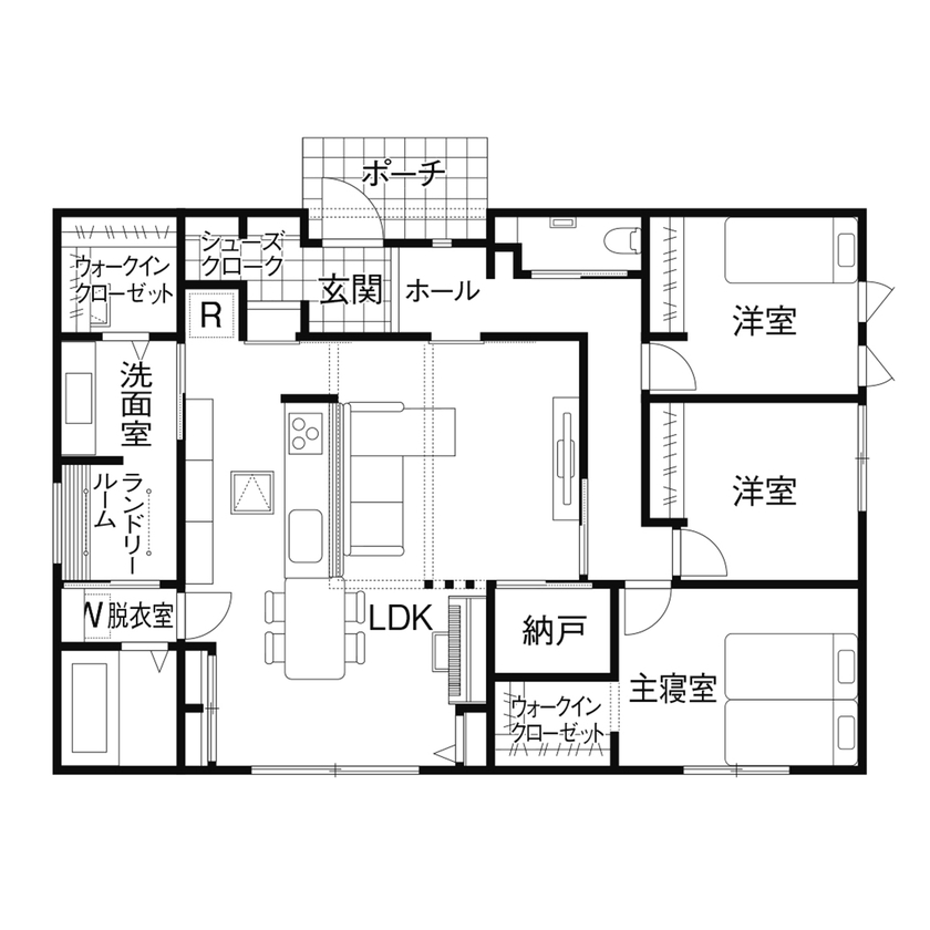 クレバリーホーム 【2500～2999万円／回遊動線／間取図】家事のストレスを軽減。効率的で快適な暮らしを叶える平屋の間取り図（3LDK＋納戸）1階