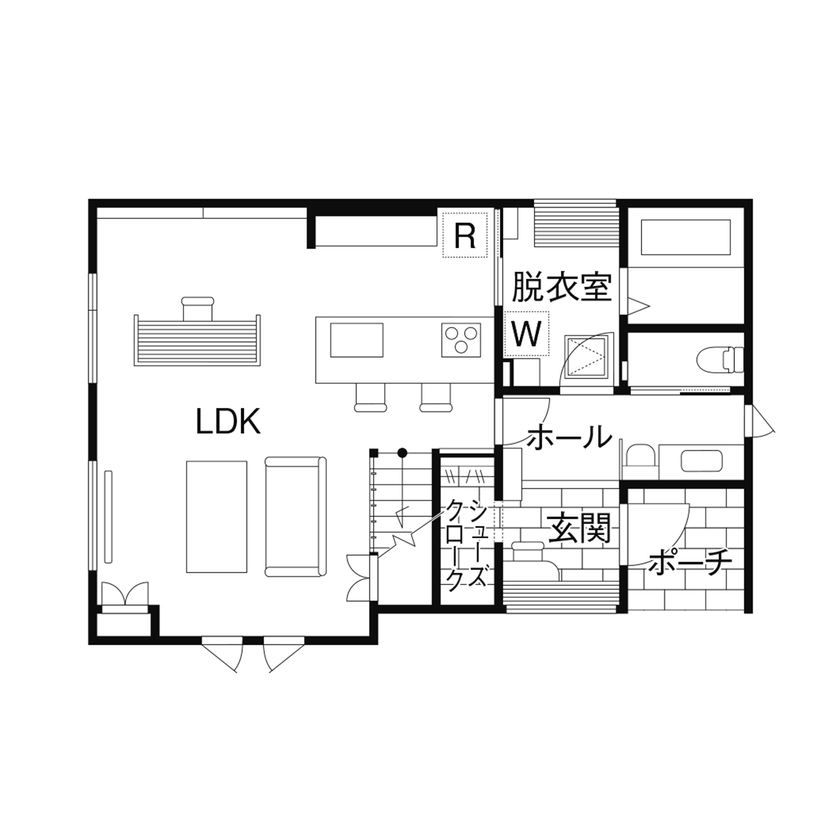 クレバリーホーム 【3500～3999万円／共働き／間取図】黒×木目調のタイルに風格が漂う、スタイリッシュなボックス型の住まいの間取り図（3LDK＋WIC）1階