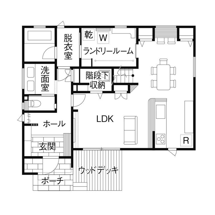 クレバリーホーム 【3500～3999万円／回遊動線／間取図】家族を近くに感じるL字型のLDK。家事がはかどる効率的な間取りを実現の間取り図（4LDK＋ホール）1階