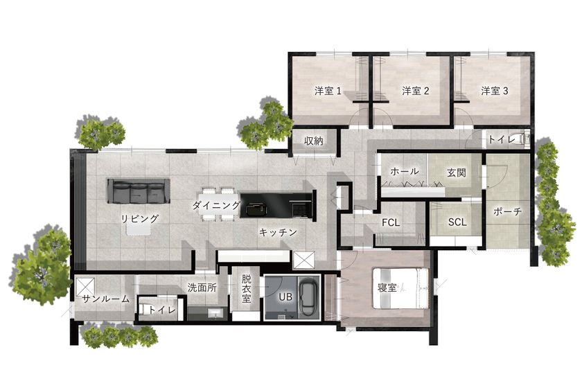 アイワホーム 20代で建てる平屋の間取り図（4ＬDK+20帖のテラス）1階