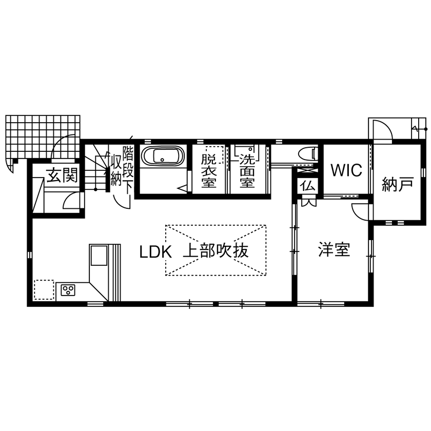 カツマタ＜一級建築士事務所＞ 【無垢材／吹抜／間取図】木の香りと温もりに包まれる吹き抜けリビングのある家の間取り図（3LDK+WIC+納戸）1階