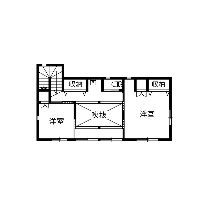 カツマタ＜一級建築士事務所＞ 【無垢材／吹抜／間取図】木の香りと温もりに包まれる吹き抜けリビングのある家の間取り図（3LDK+WIC+納戸）2階