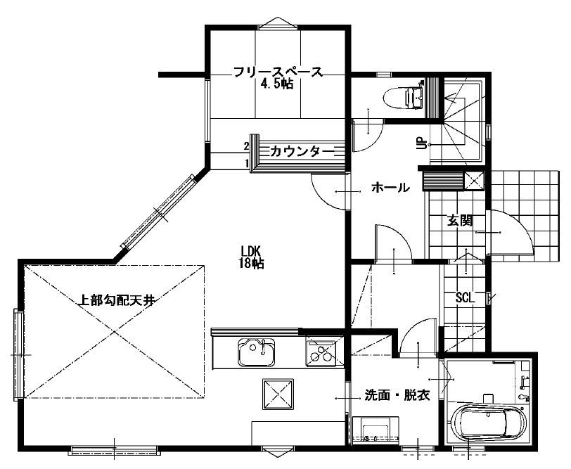 桔梗企画設計 【桶川市/4LDK/31.99坪】 高天井で解放感のあるリビングと日当たりの良いテラスの間取り図（4LDK）1階