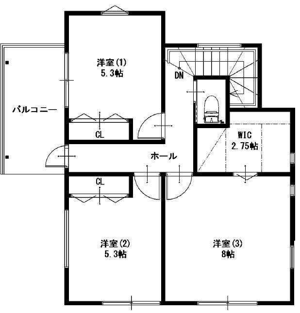 桔梗企画設計 【桶川市/4LDK/31.99坪】 高天井で解放感のあるリビングと日当たりの良いテラスの間取り図（4LDK）2階