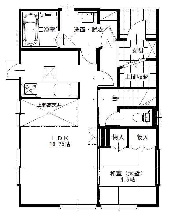 桔梗企画設計 【上尾市/4LDK/31坪】勾配天井や現しの梁、遊び心のあるロフトなどをちりばめた楽しくなる住まいの間取り図（4LDK＋ロフト）1階