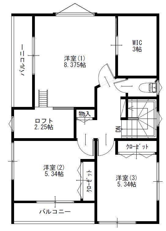 桔梗企画設計 【上尾市/4LDK/31坪】勾配天井や現しの梁、遊び心のあるロフトなどをちりばめた楽しくなる住まいの間取り図（4LDK＋ロフト）2階