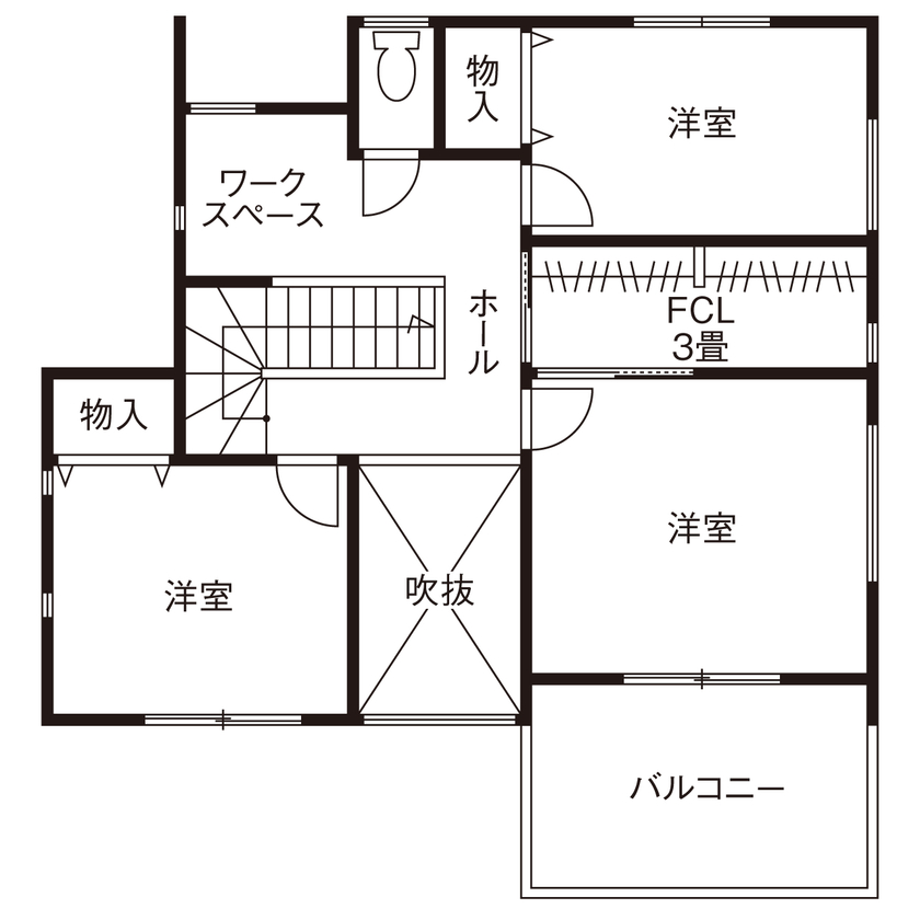 桔梗企画設計 【上尾市/4LDK/33坪】開放感あふれるLDKの吹き抜けに回遊できる家事ラク動線を叶えた住まいの間取り図（4LDK）2階