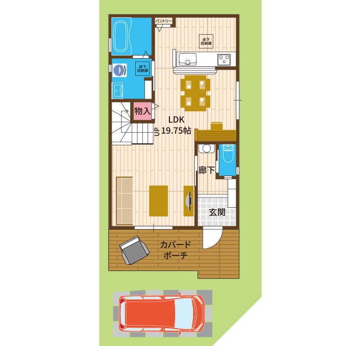 御浜住宅グループ（御浜建設） 枚方市｜2000万円台｜30坪以下｜間取り図｜気分は西海岸！カバードポーチのあるカリフォルニアテイストの家の間取り図（3LDK）1階